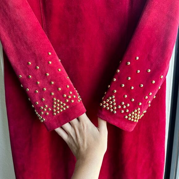Vintage 80s Pia Rucci Gold Studded Red Suede Leather Dress size 14 - Picture 5 of 16